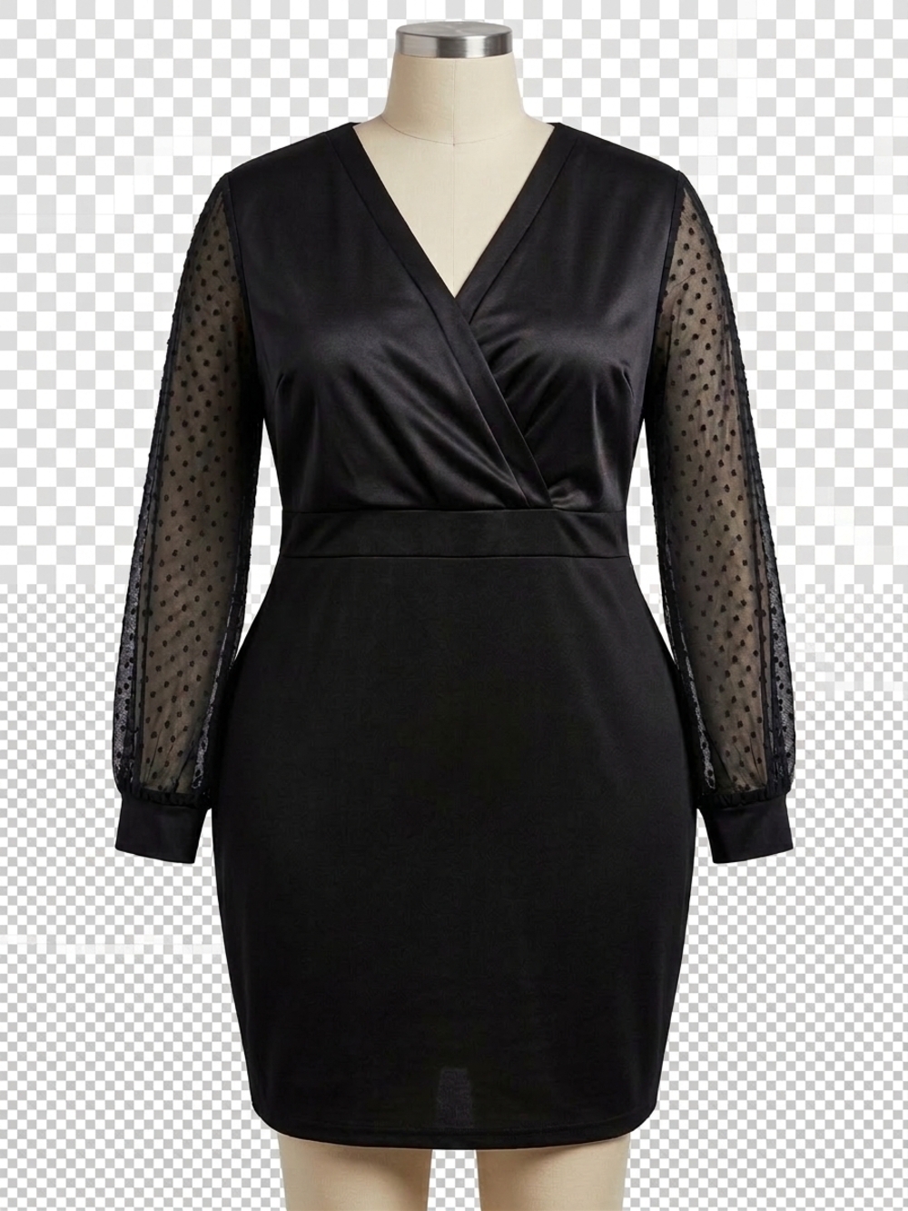 Grace Karin Black Satin Wrap Dress with Sheer Dotted Long Sleeves